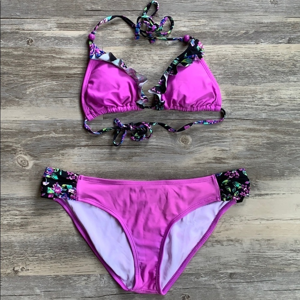 Women's Delia’s Floral And Ruffle Triangle Bikini Swimsuit Large - Picture 1 of 12